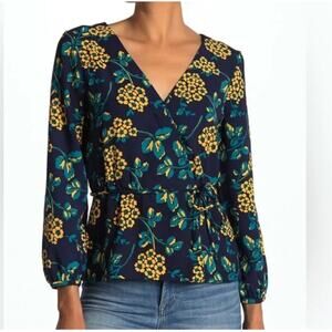 Women's  J. Crew Floral Faux Wrap Long Sleeve Spring Summer Blouse Top Size Med